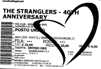 Il biglietto per il concerto degli Stranglers dell'11 aprile 2014